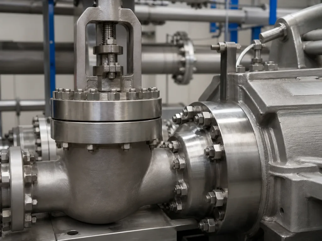 Special alloy bolting on an industrial valve and pump assembly